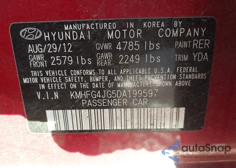 2013 Hyundai Azera из США, поврежденный, VIN KMHFG4JG5DA199597